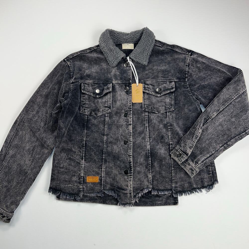 Simply Southern Gray Acid Wash Corduroy Jacket Sherpa Collar Distressed Size L - Picture 4 of 13